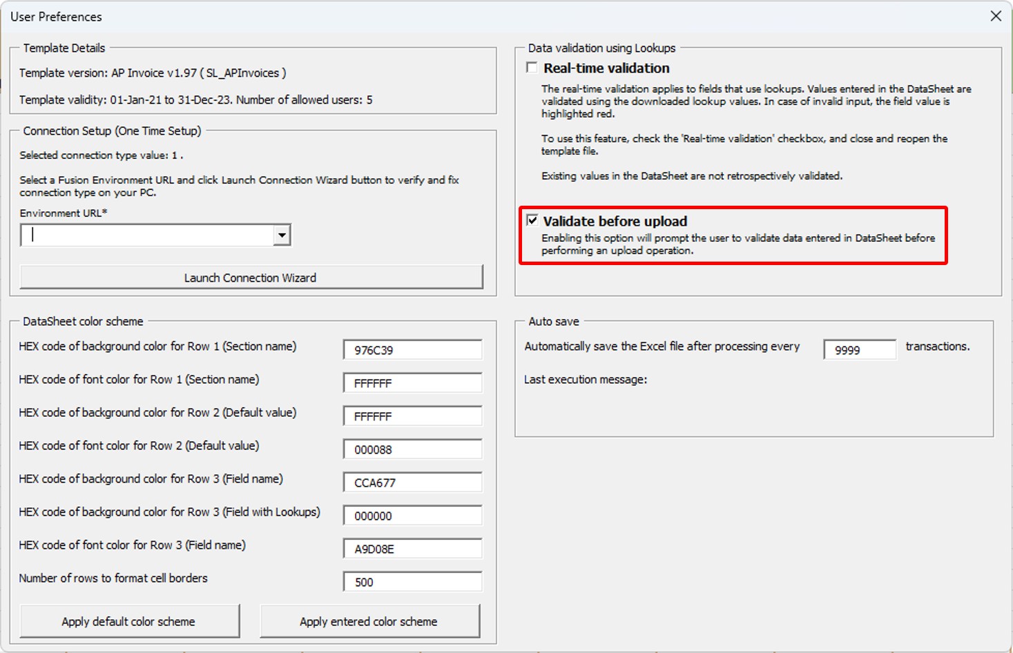 Validate before upload - Simplified Loader Excel for Oracle Fusion Cloud ERP